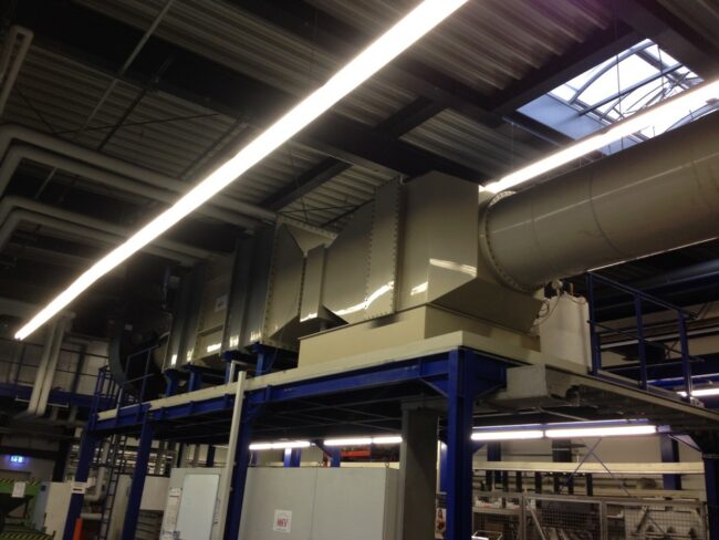 Plastic gas-to-liquid heat exchanger used for heat recovery and air purification in electroplating operations